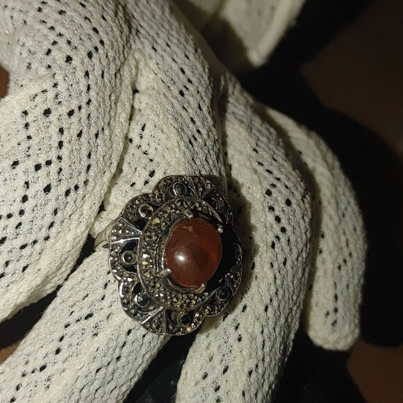 Filigree Ring Size 6 Baltic Amber Sterling Silver 925 Vintage Antique Style - Picture 13 of 15